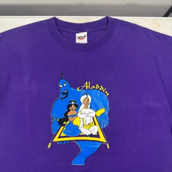 Vintage Anvil Aladdin Movie Cast Crew T-Shirt Purple Mens XL Disney - Picture 1 of 12